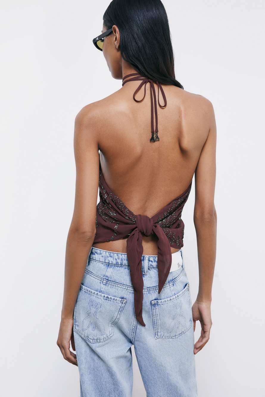 Hand-embroidered top, Brown, Patrizia Pepe