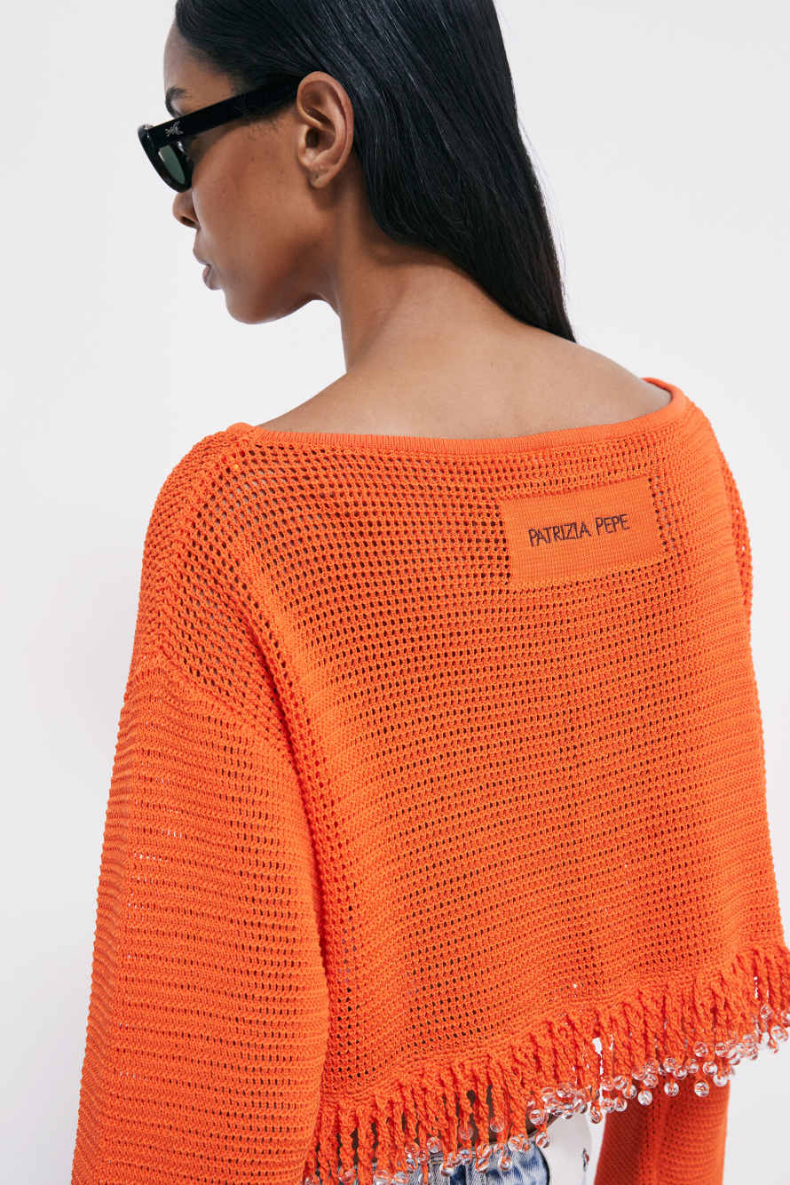Mesh-Top mit Schmuckdetails, Orange, Patrizia Pepe