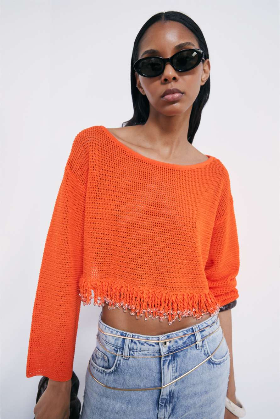 Mesh-Top mit Schmuckdetails, Orange, Patrizia Pepe