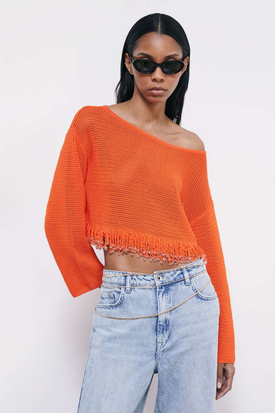 Mesh-Top mit Schmuckdetails, Orange, Patrizia Pepe