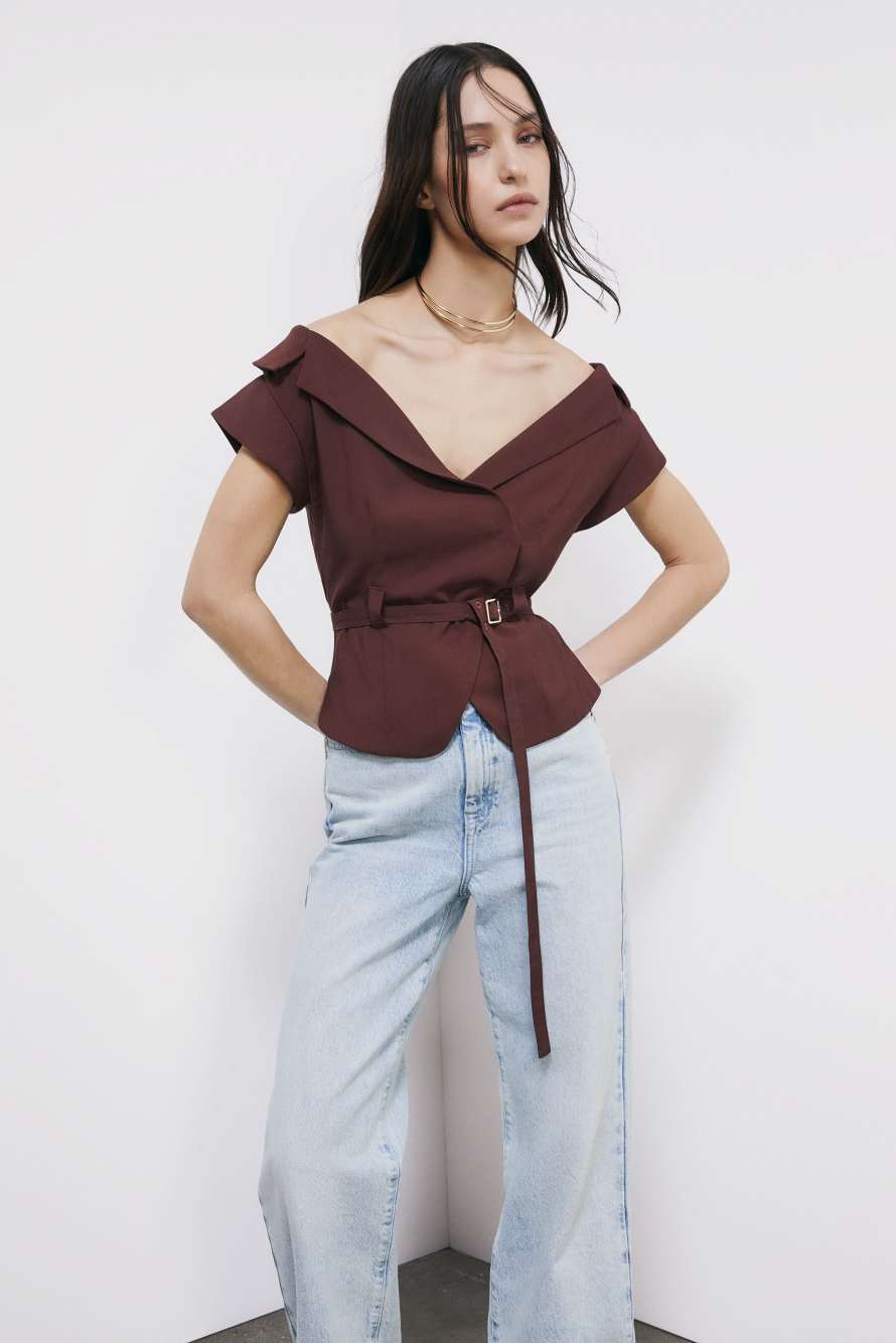 Short tailored jacket with belt, Brown, Patrizia Pepe