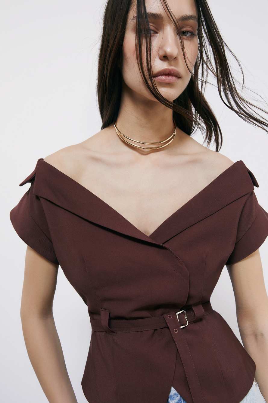 Short tailored jacket with belt, Brown, Patrizia Pepe