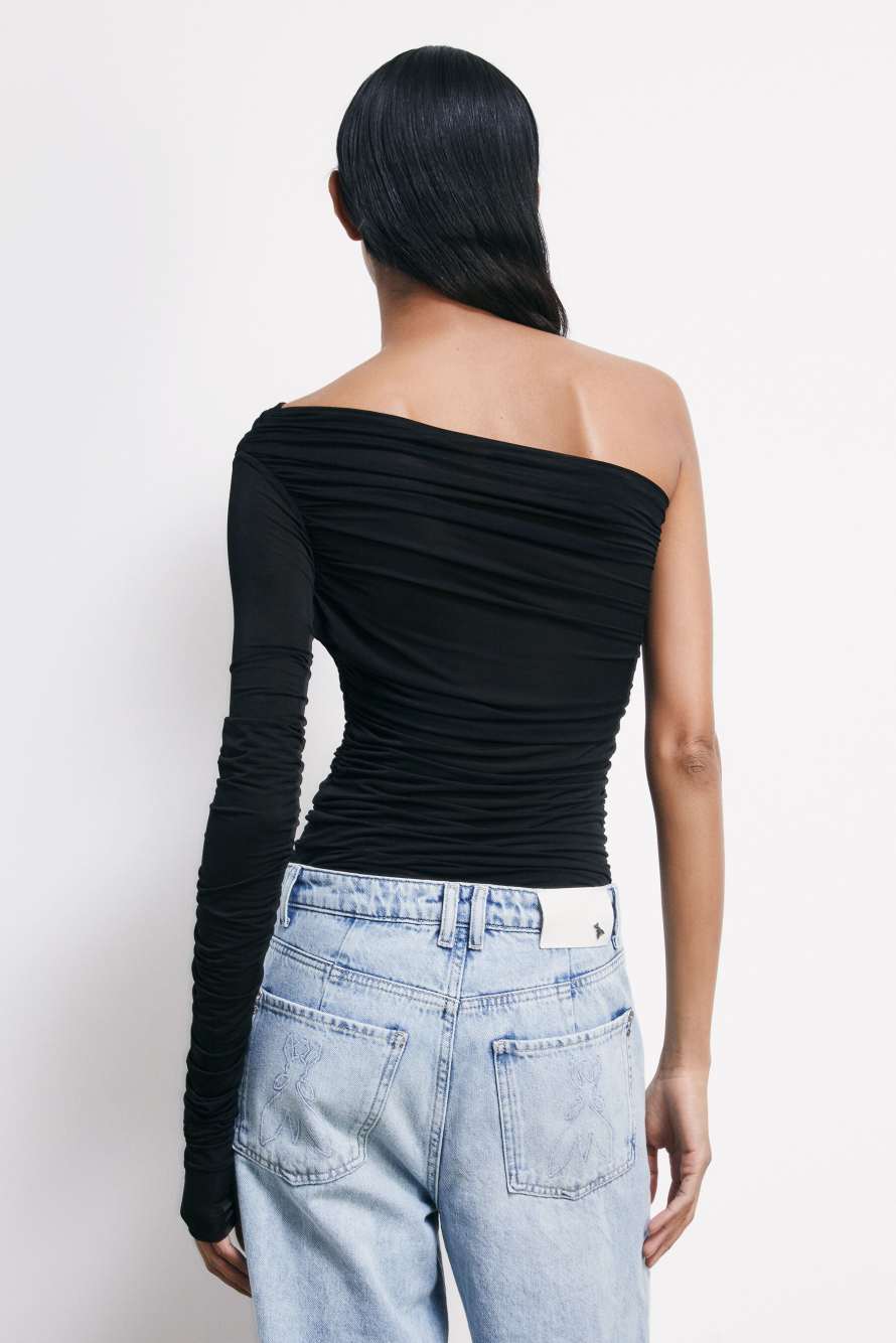 One-Shoulder-Top mit Drapierungen, Schwarz, Patrizia Pepe