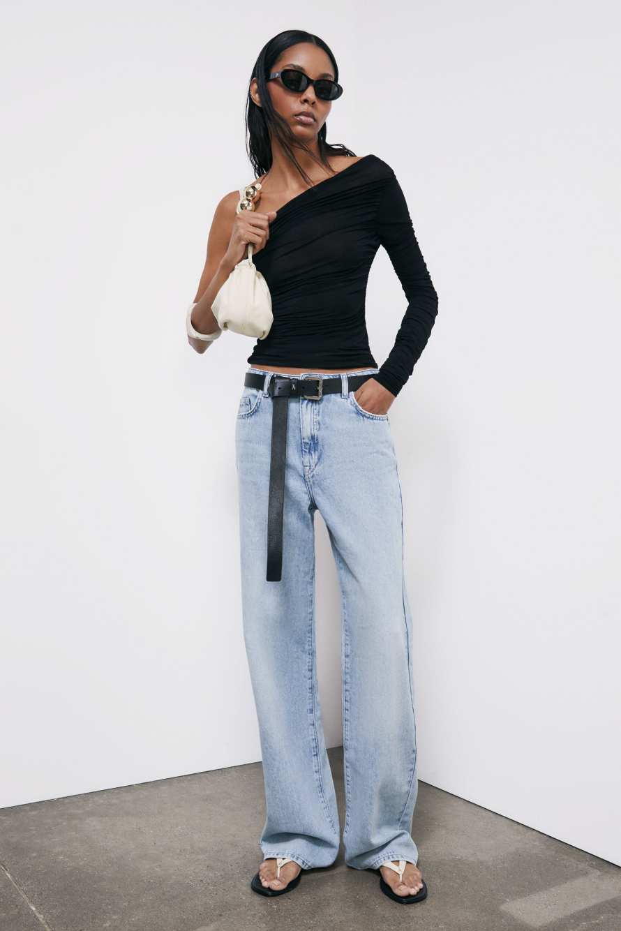 One-Shoulder-Top mit Drapierungen, Schwarz, Patrizia Pepe