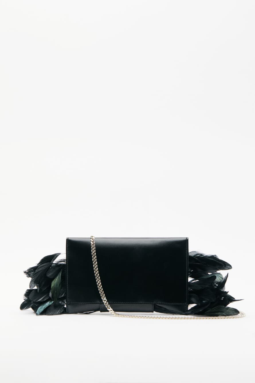Leather Feather Pochette, Black, Patrizia Pepe