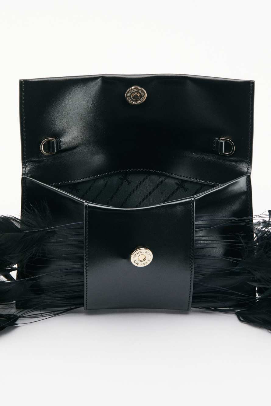 Leather Feather Pochette, Black, Patrizia Pepe