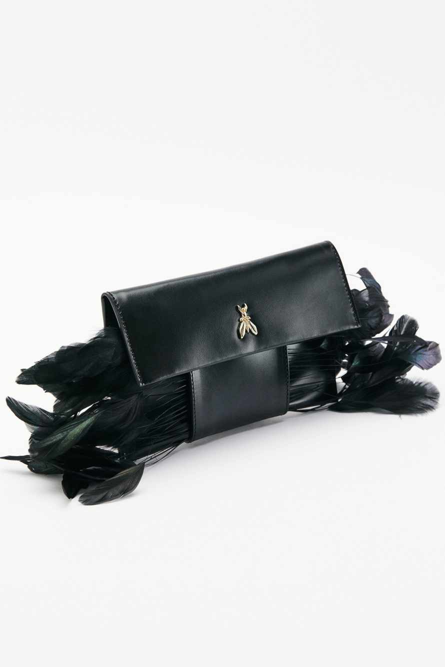 Leather Feather Pochette, Black, Patrizia Pepe