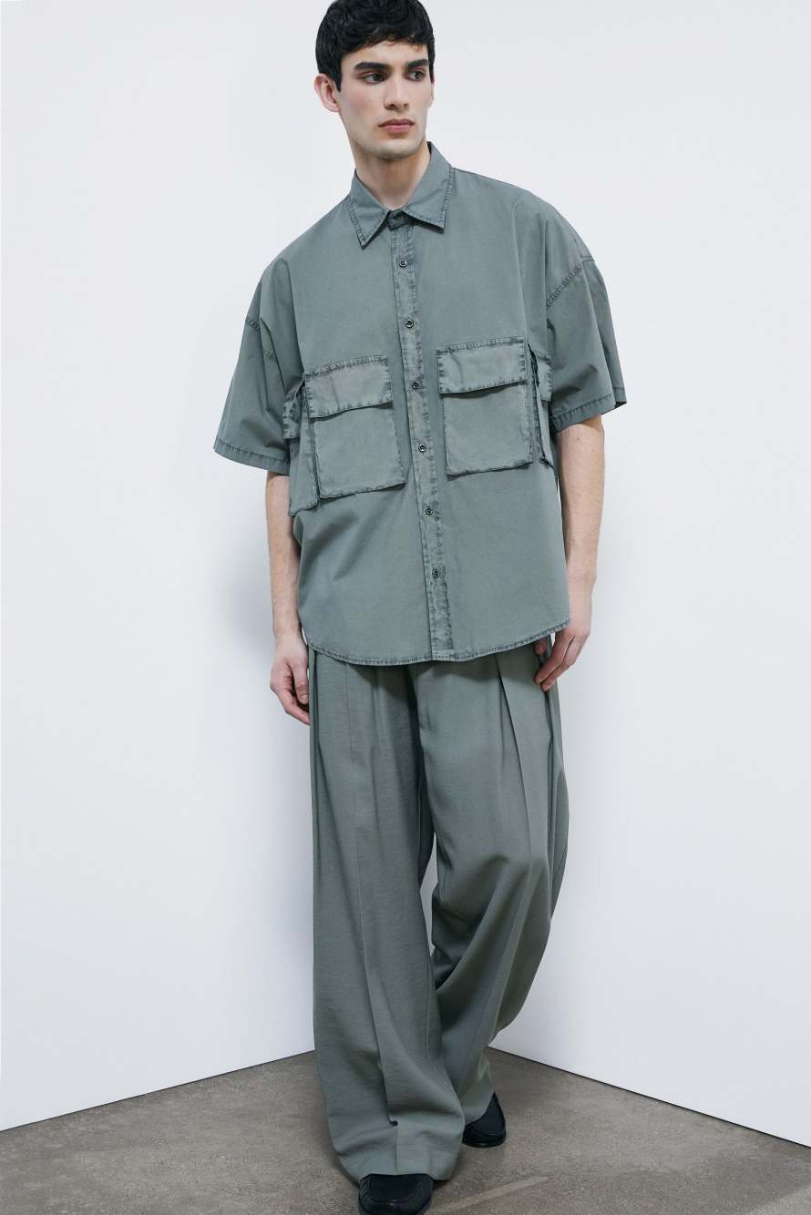 Oversized garment-dyed shirt in poplin, Green, Patrizia Pepe