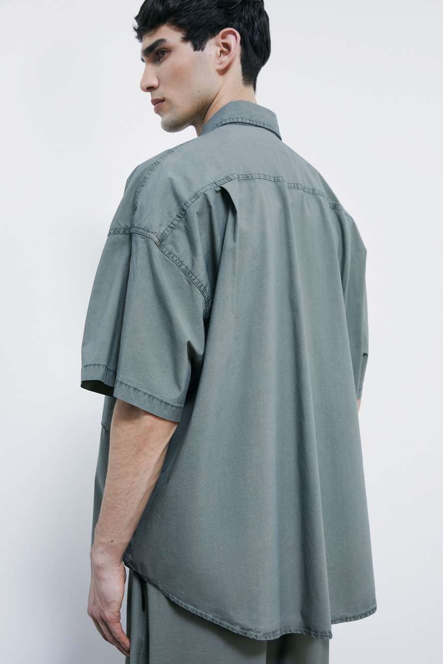Oversized garment-dyed shirt in poplin, Green, Patrizia Pepe