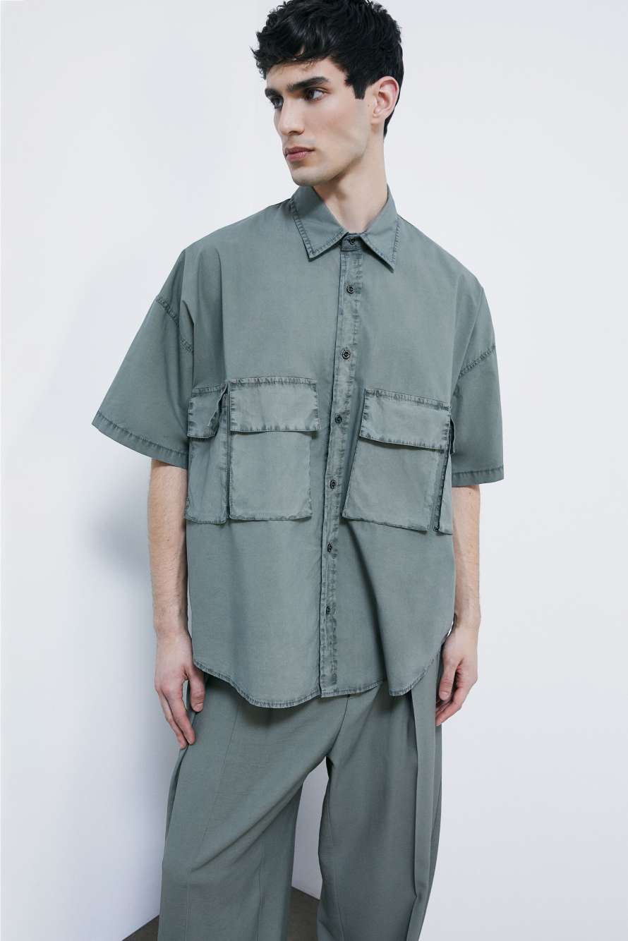 Oversized garment-dyed shirt in poplin, Green, Patrizia Pepe