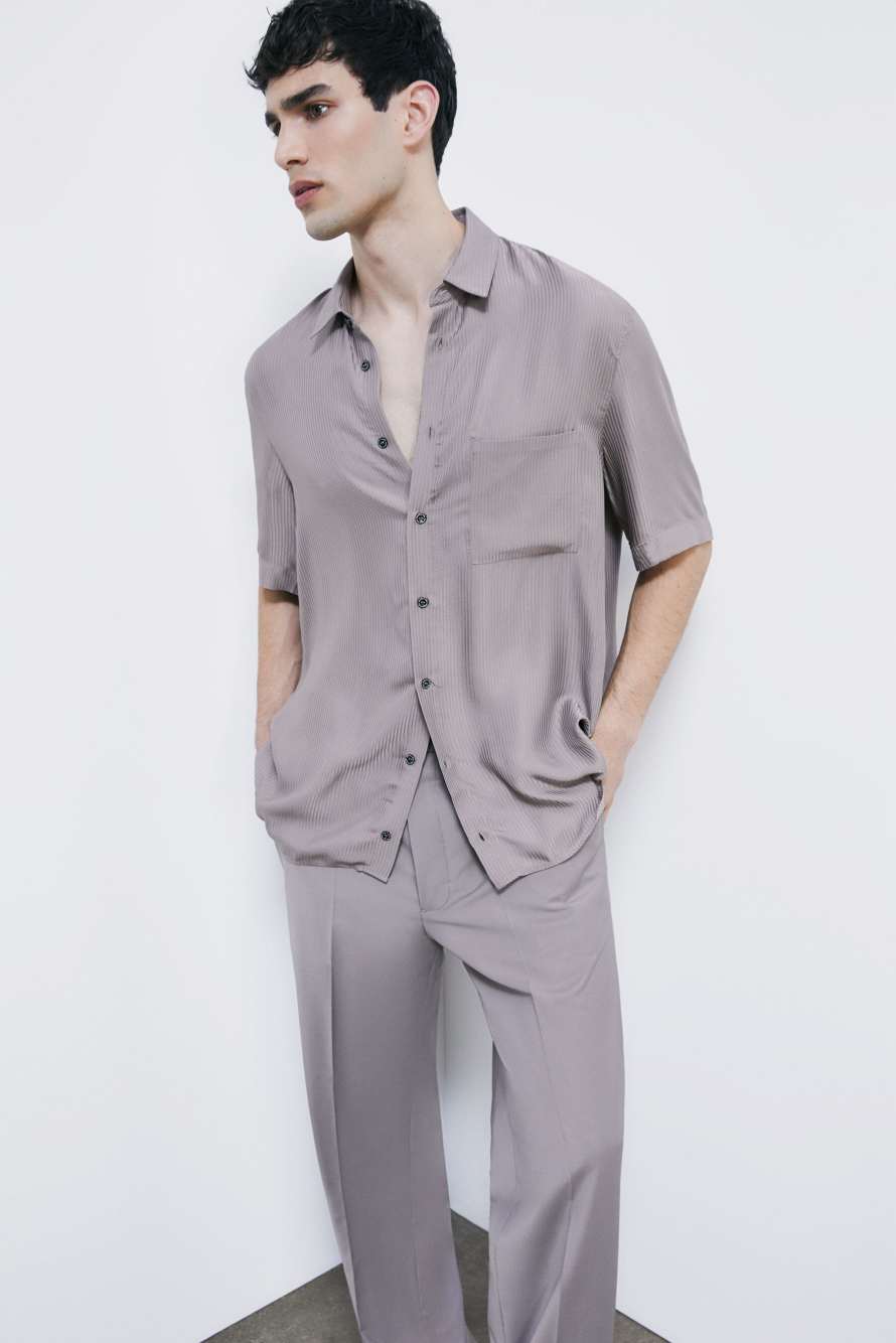 Camisa fluida de manga corta en viscosa jacquard, Gris