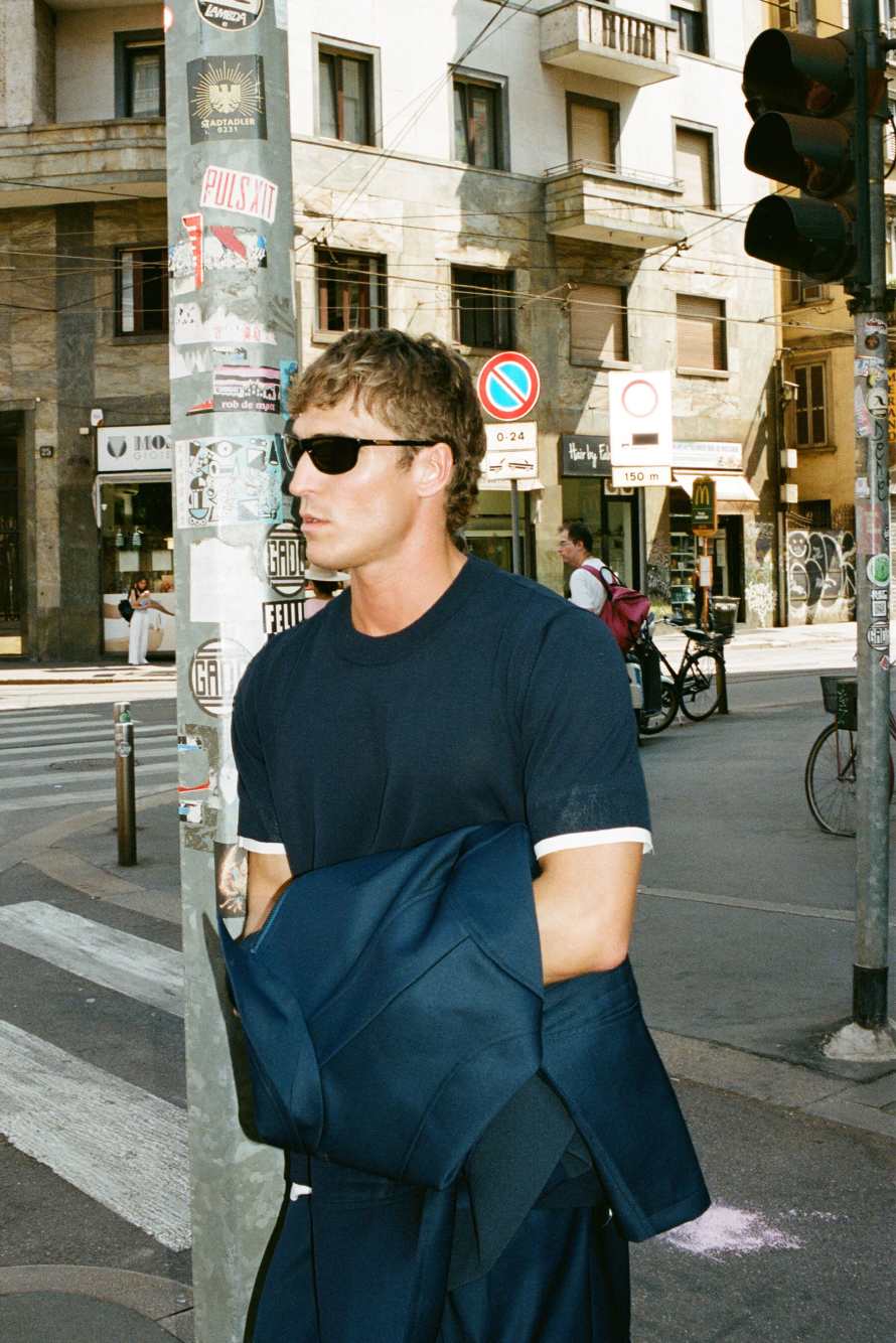 Knitted T-shirt with contrast trims, Blue/White, Patrizia Pepe