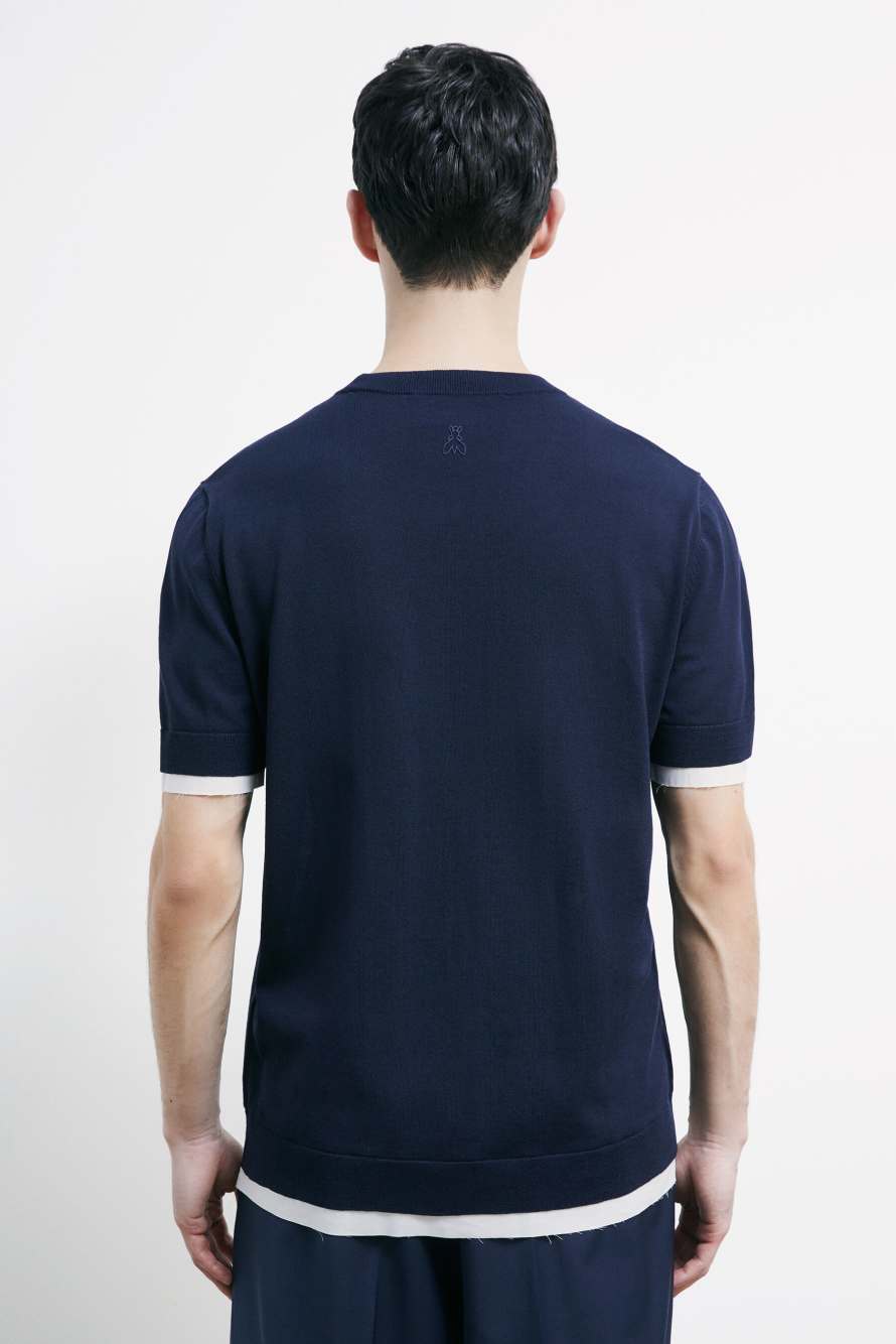 Knitted T-shirt with contrast trims, Blue/White, Patrizia Pepe