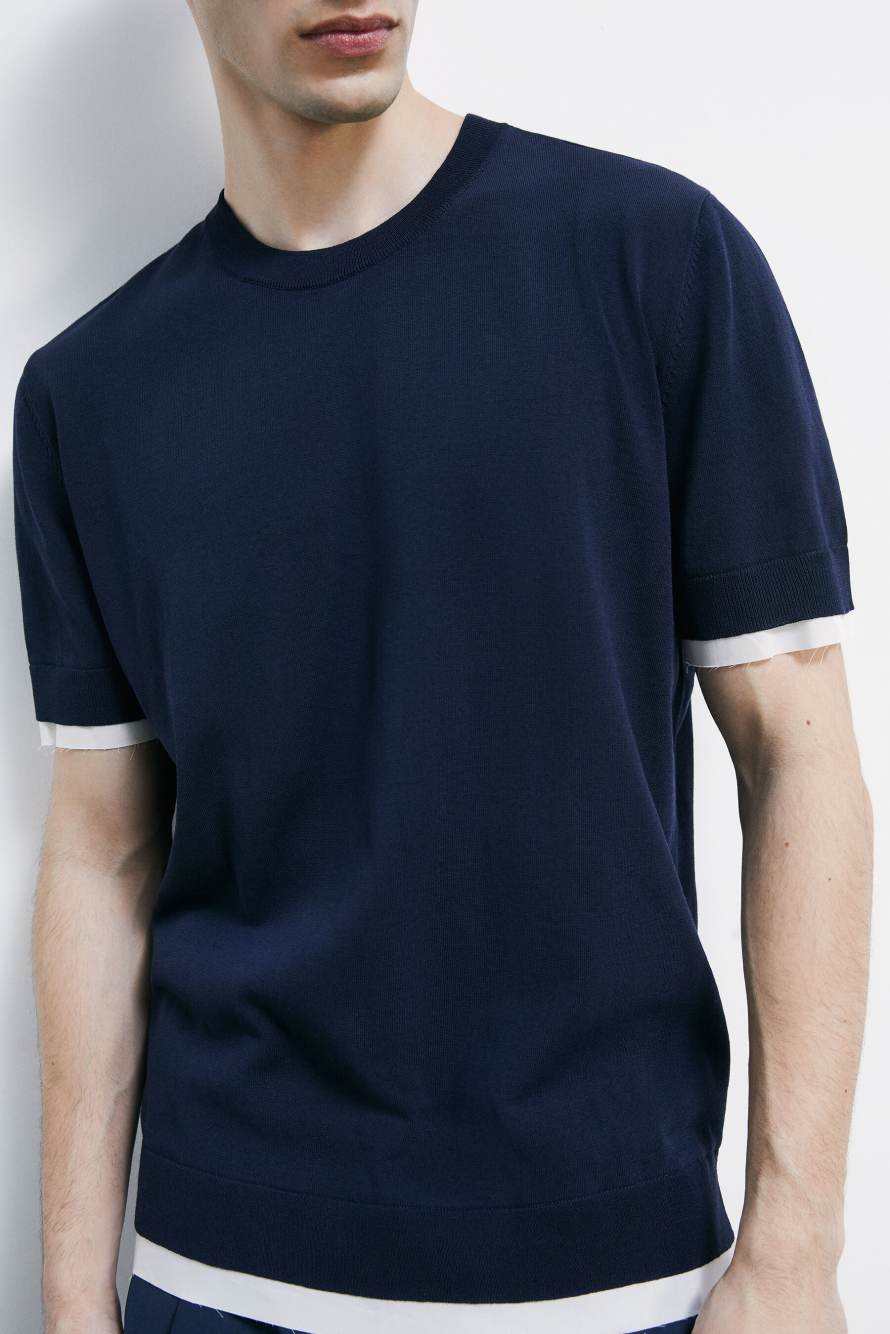 Knitted T-shirt with contrast trims, Blue/White, Patrizia Pepe