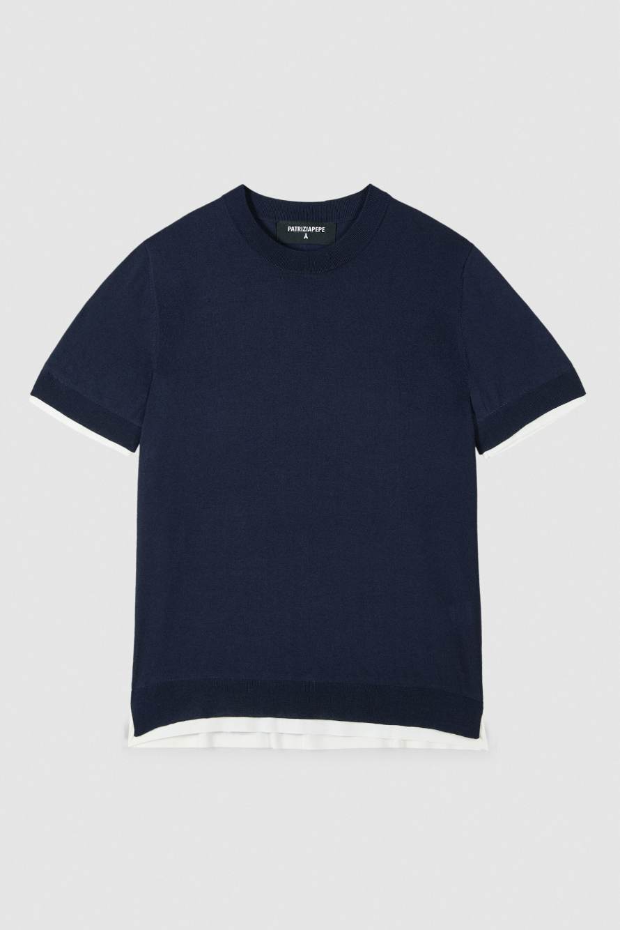 Knitted T-shirt with contrast trims, Blue/White, Patrizia Pepe