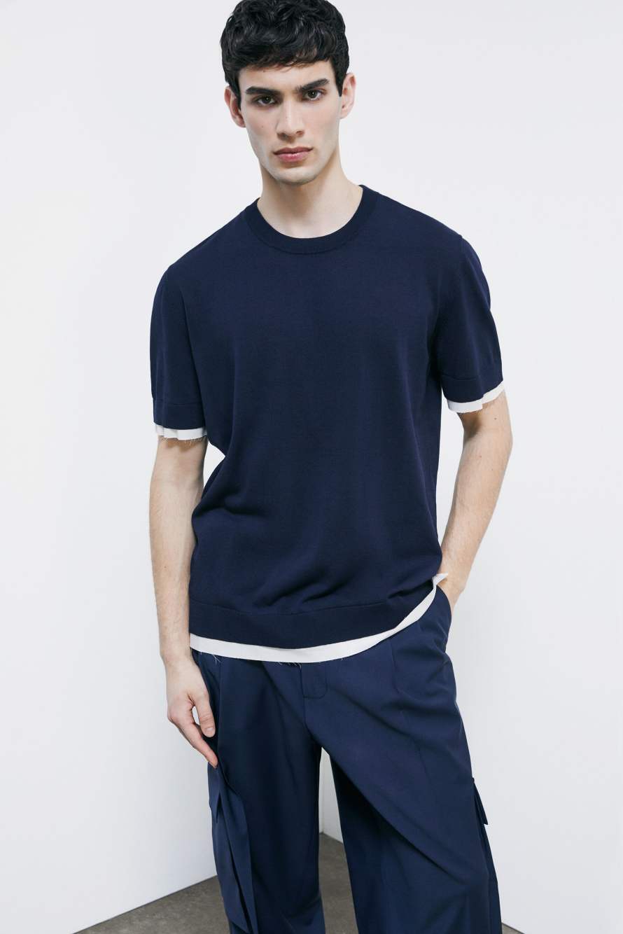 Knitted T-shirt with contrast trims, Blue/White, Patrizia Pepe