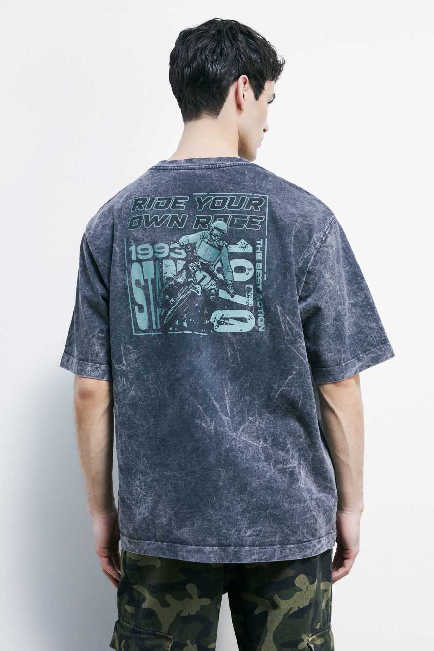 Camiseta fluida en jersey m&eacute;lange con estampado, Gris