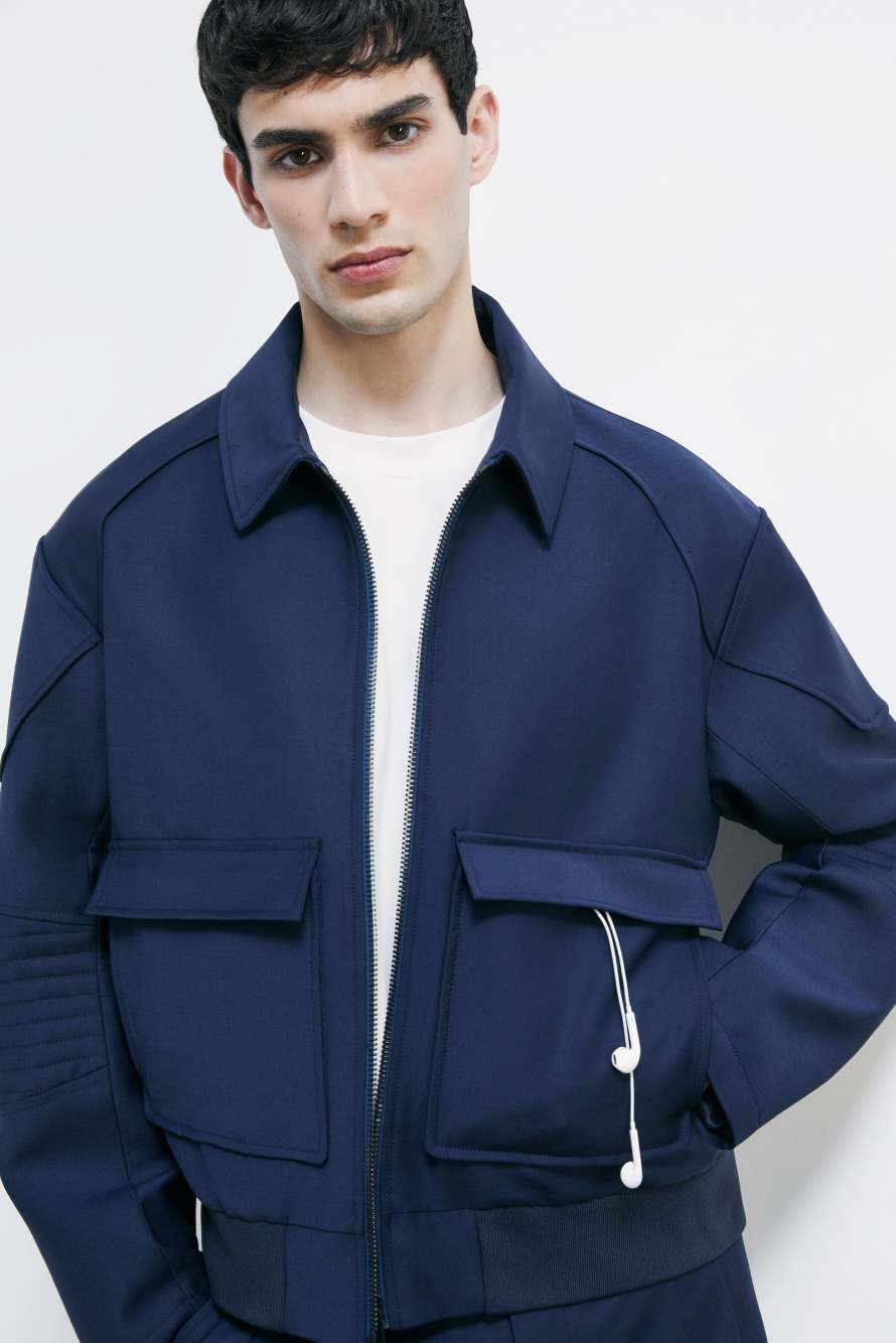 Chaqueta racing en mezcla de lana el&aacute;stica ligera, Azul