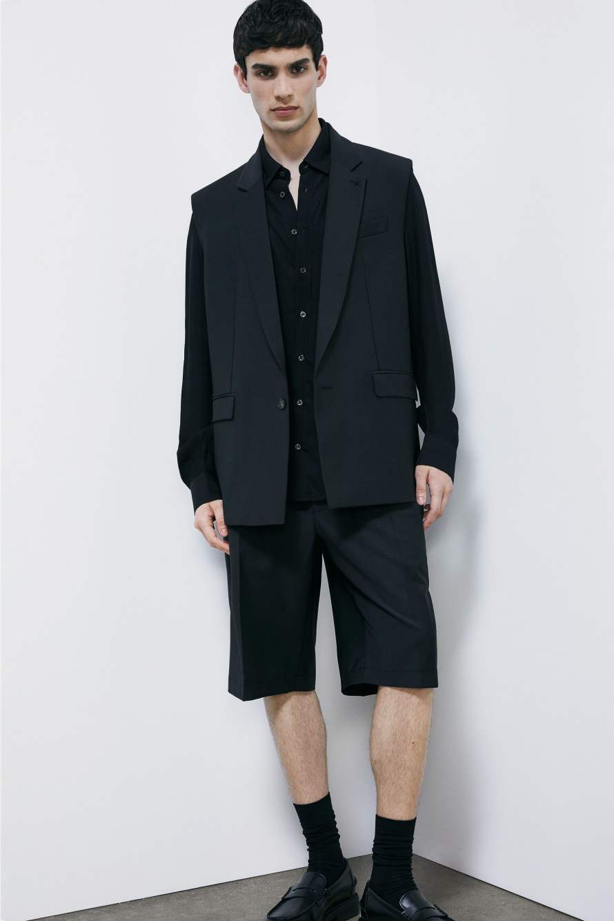 Shorts sartoriales en mezcla ligera de lana el&aacute;stica, Negro