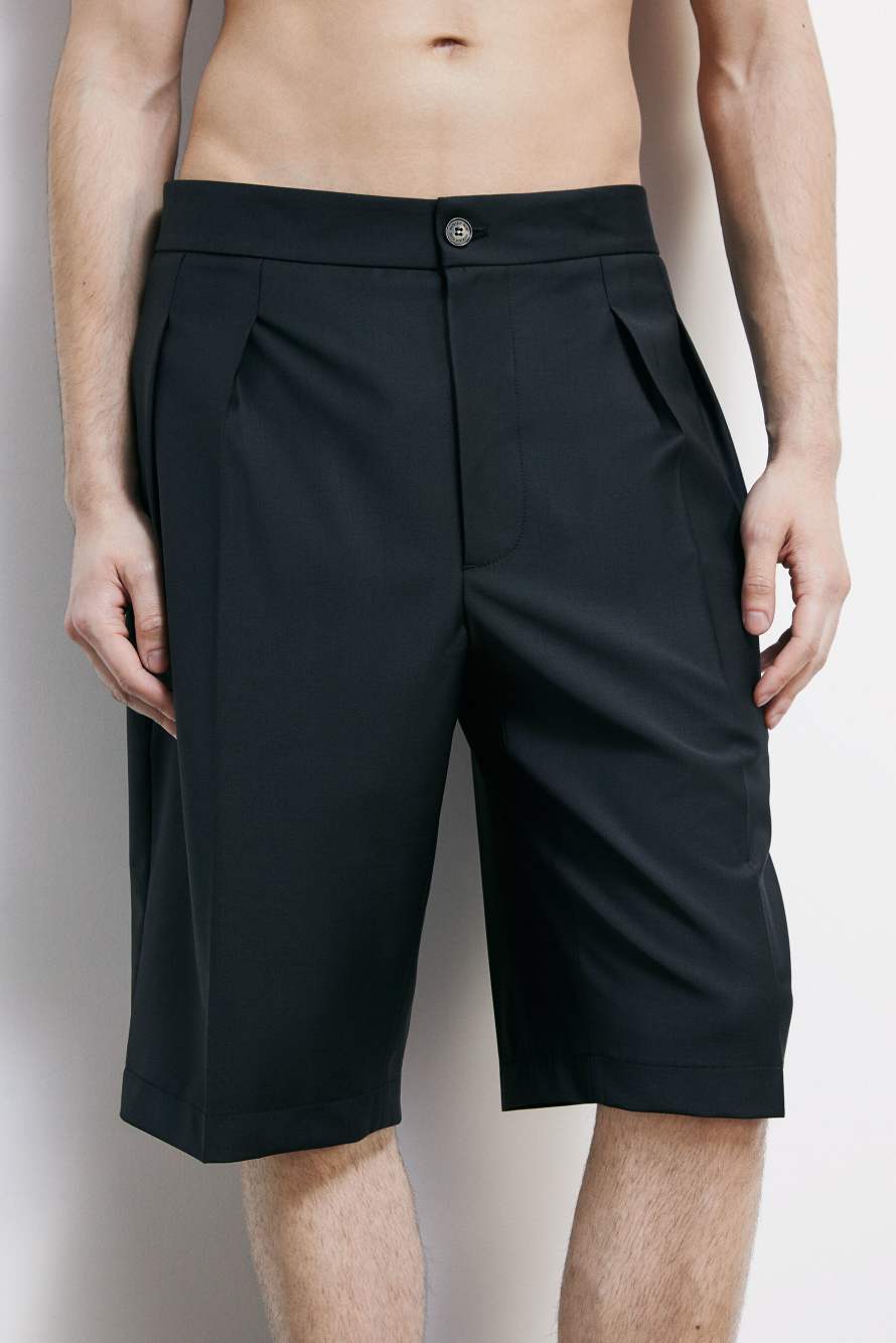 Shorts sartoriales en mezcla ligera de lana el&aacute;stica, Negro