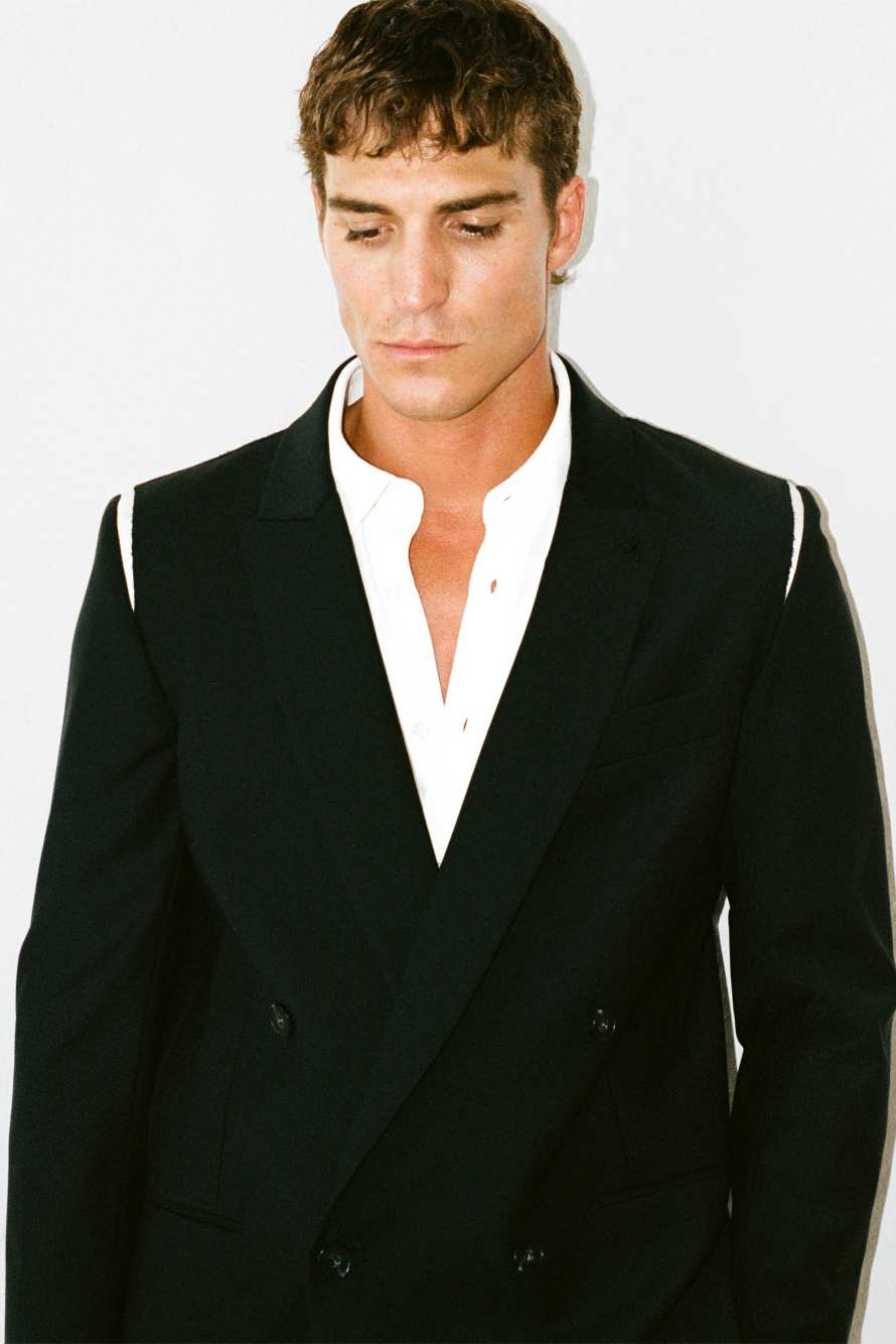 Blazer doppiopetto in frescolana con dettagli in raso, Nero/Bianco, Patrizia Pepe