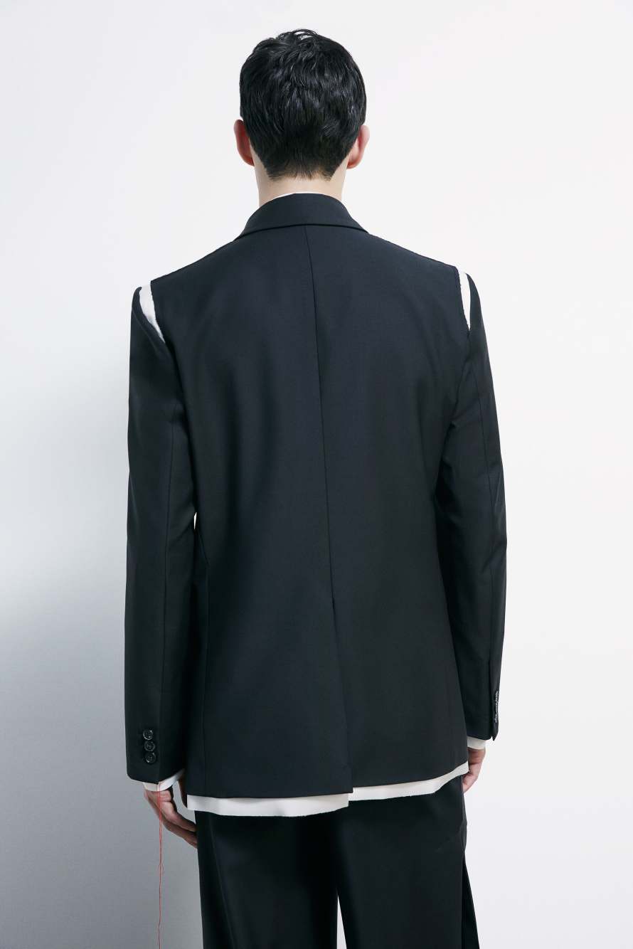 Blazer doppiopetto in frescolana con dettagli in raso, Nero/Bianco, Patrizia Pepe