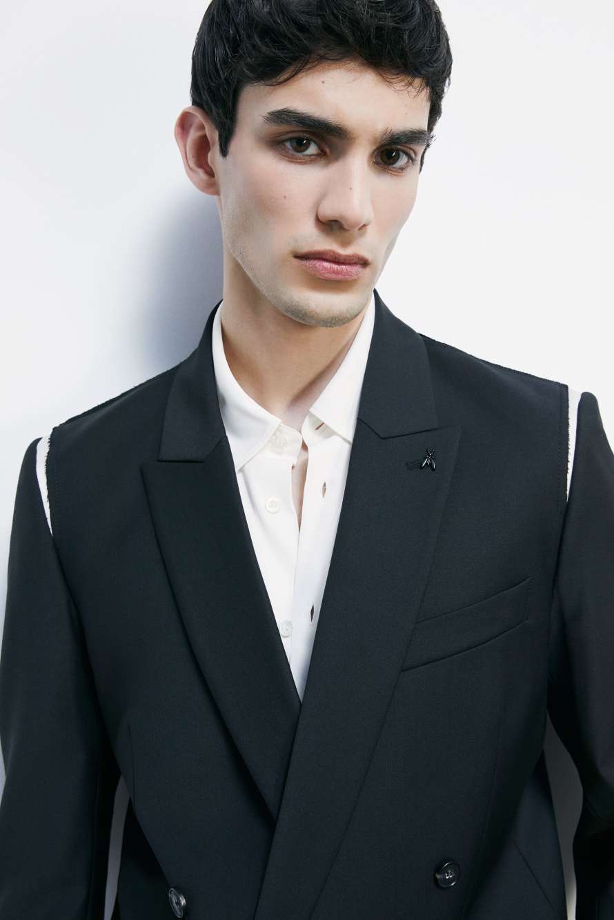 Blazer doppiopetto in frescolana con dettagli in raso, Nero/Bianco, Patrizia Pepe