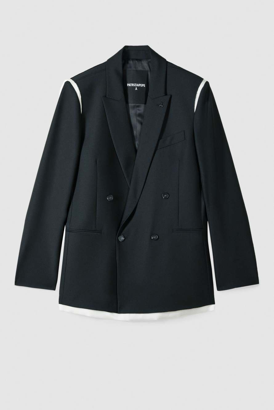Blazer doppiopetto in frescolana con dettagli in raso, Nero/Bianco, Patrizia Pepe