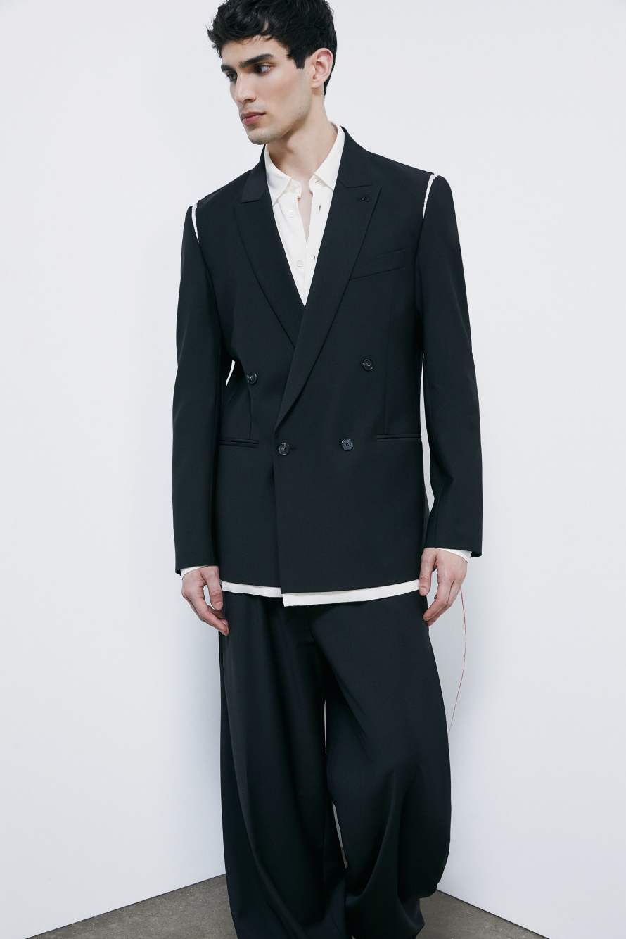 Blazer doppiopetto in frescolana con dettagli in raso, Nero/Bianco, Patrizia Pepe