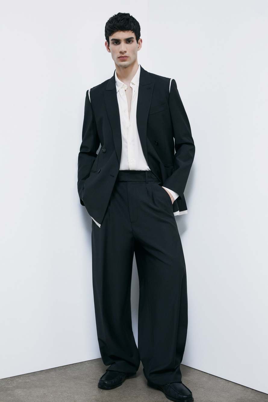 Blazer doppiopetto in frescolana con dettagli in raso, Nero/Bianco, Patrizia Pepe