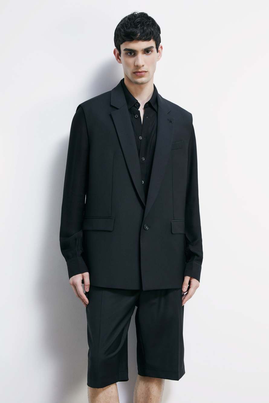 Chaleco sartorial en mezcla ligera de lana el&aacute;stica, Negro