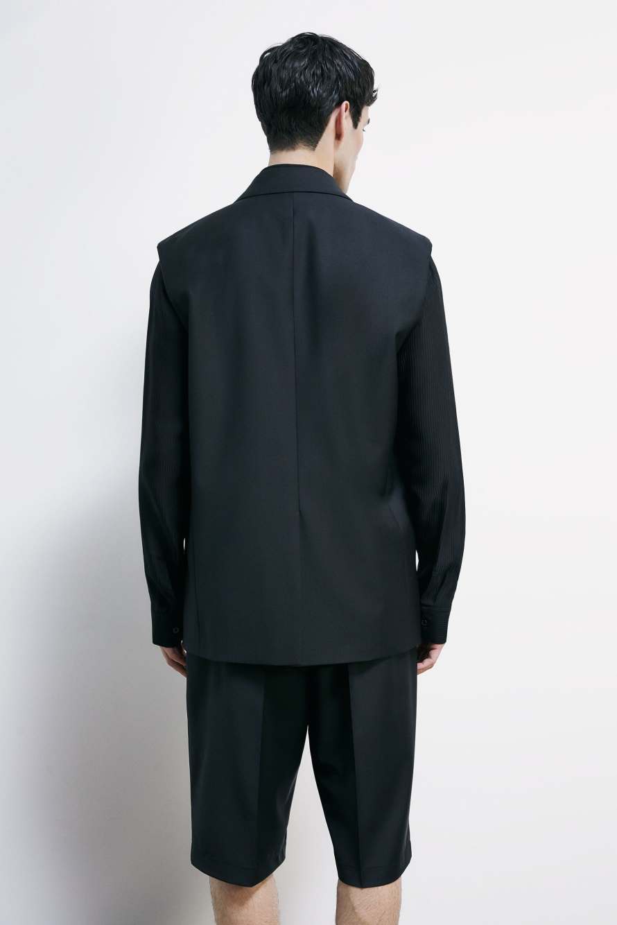 Chaleco sartorial en mezcla ligera de lana el&aacute;stica, Negro