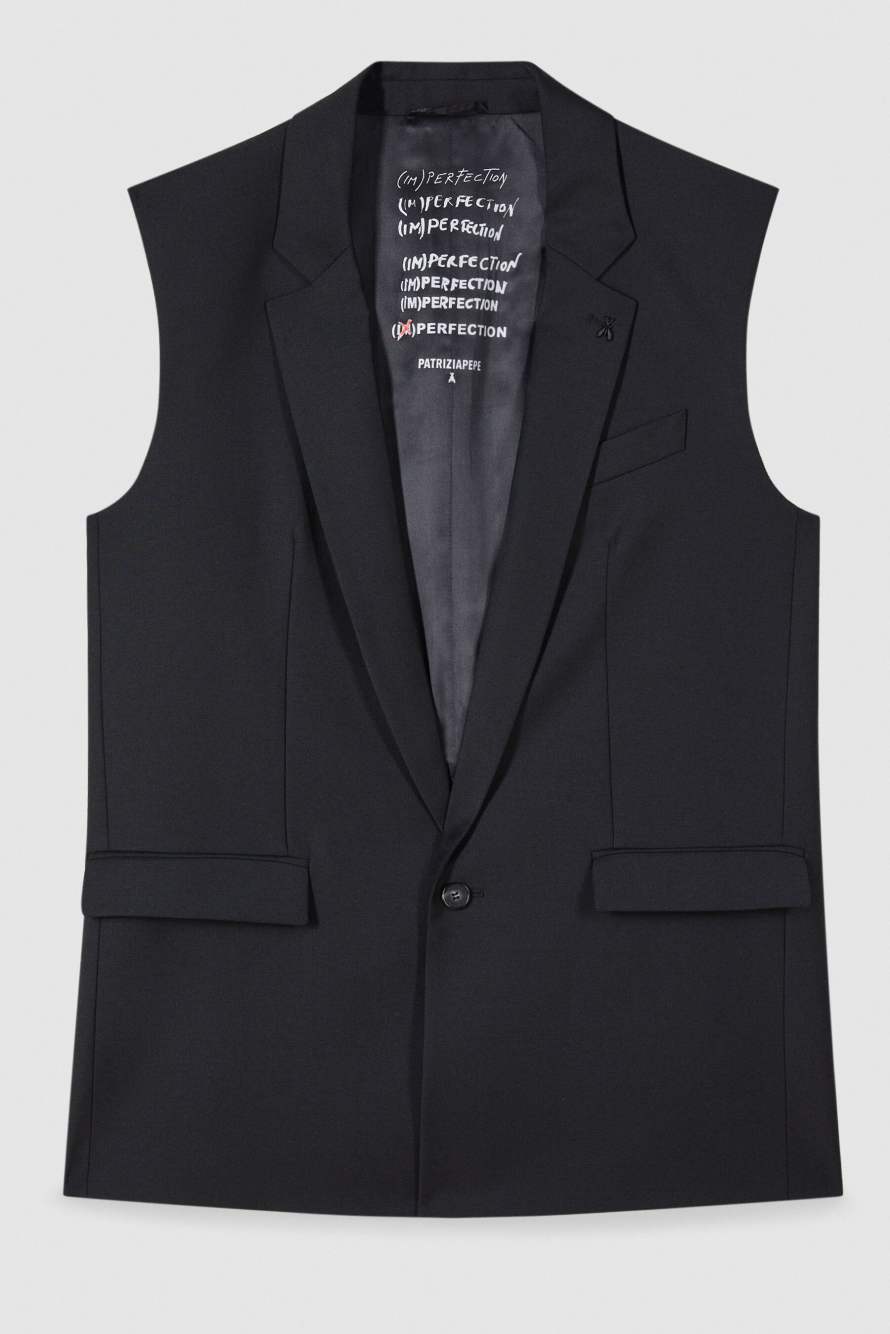 Chaleco sartorial en mezcla ligera de lana el&aacute;stica, Negro