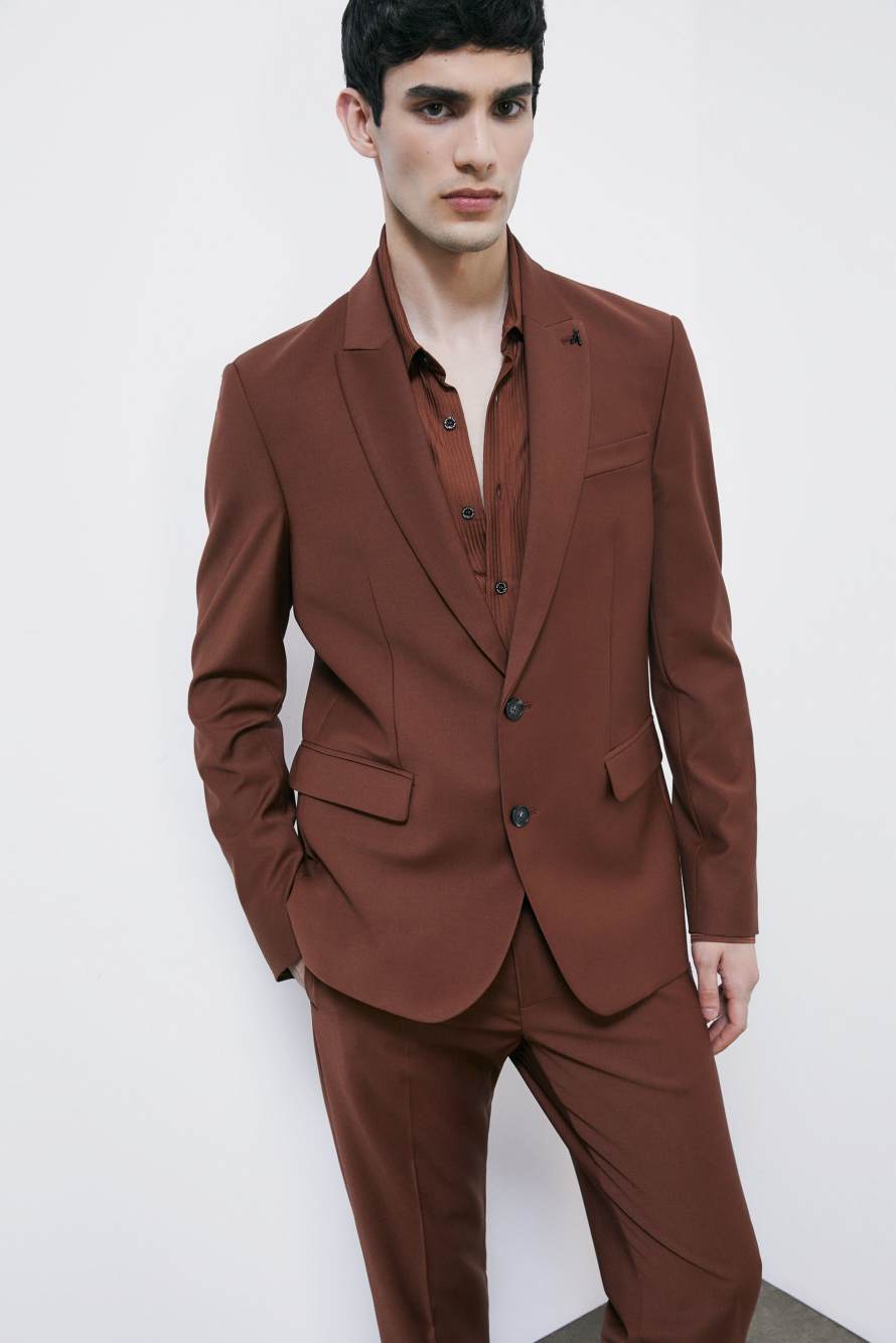 Blazer slim de un solo bot&oacute;n en mezcla ligera de lana el&aacute;stica, Marr&oacute;n