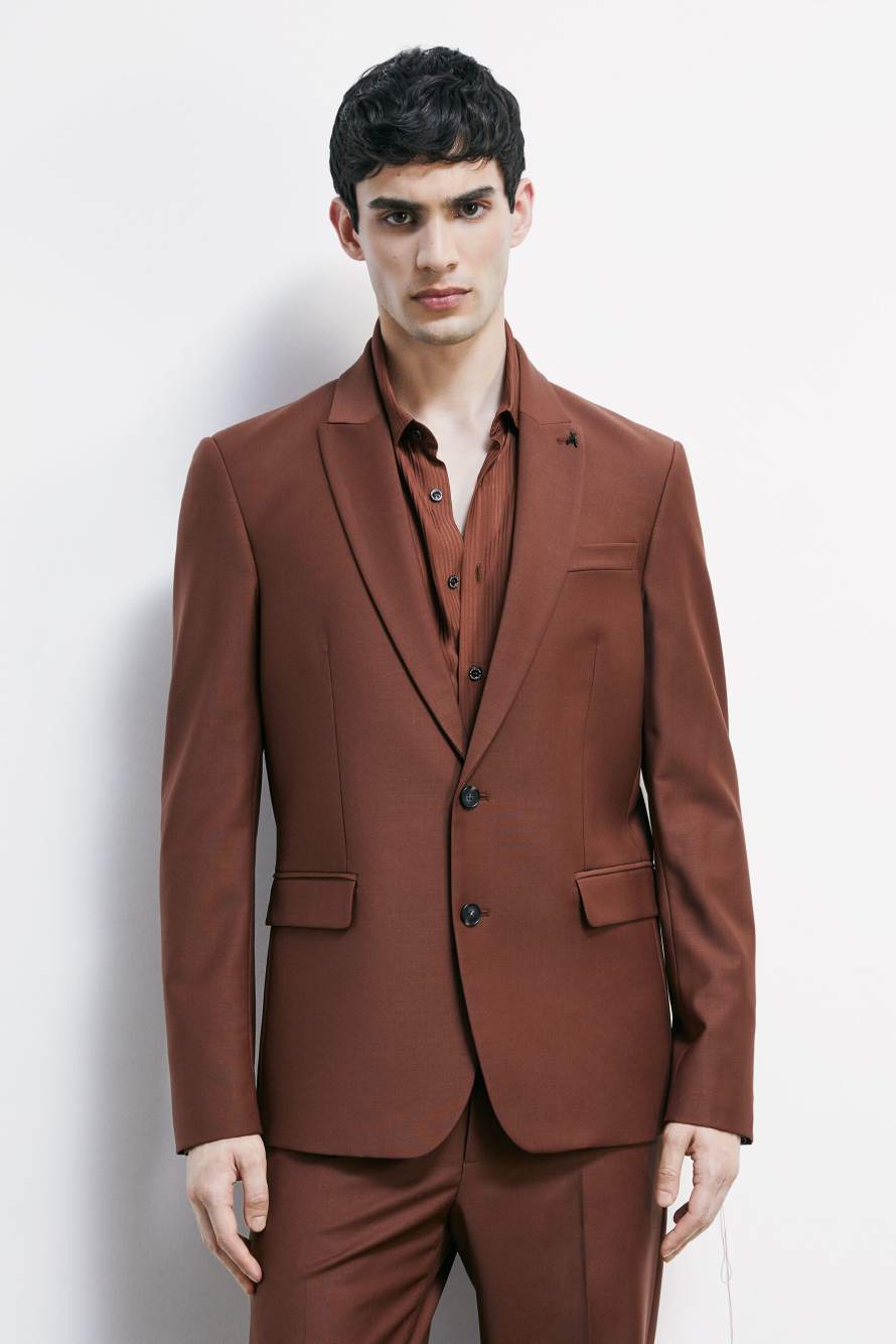Blazer slim de un solo bot&oacute;n en mezcla ligera de lana el&aacute;stica, Marr&oacute;n