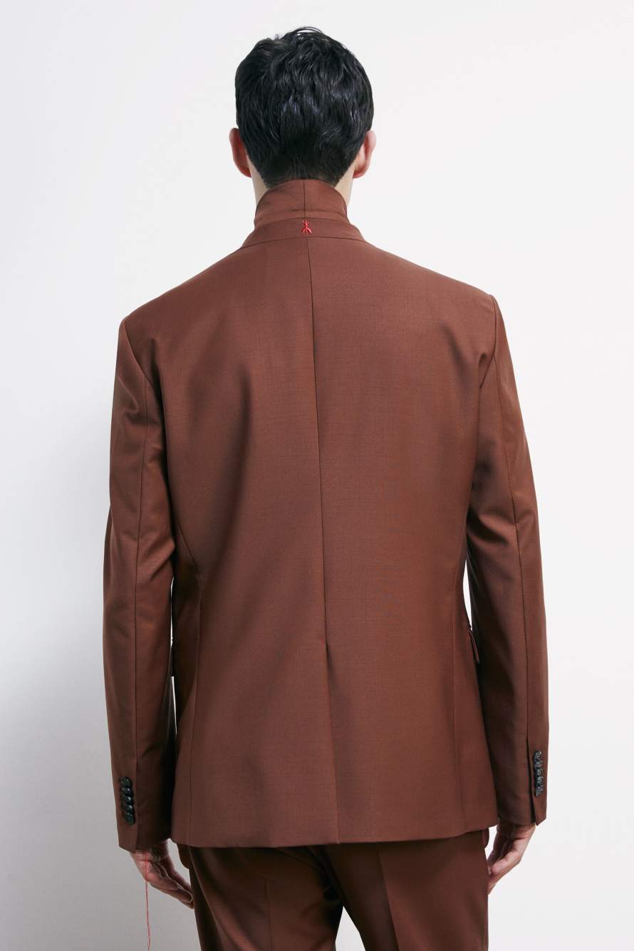 Blazer slim de un solo bot&oacute;n en mezcla ligera de lana el&aacute;stica, Marr&oacute;n