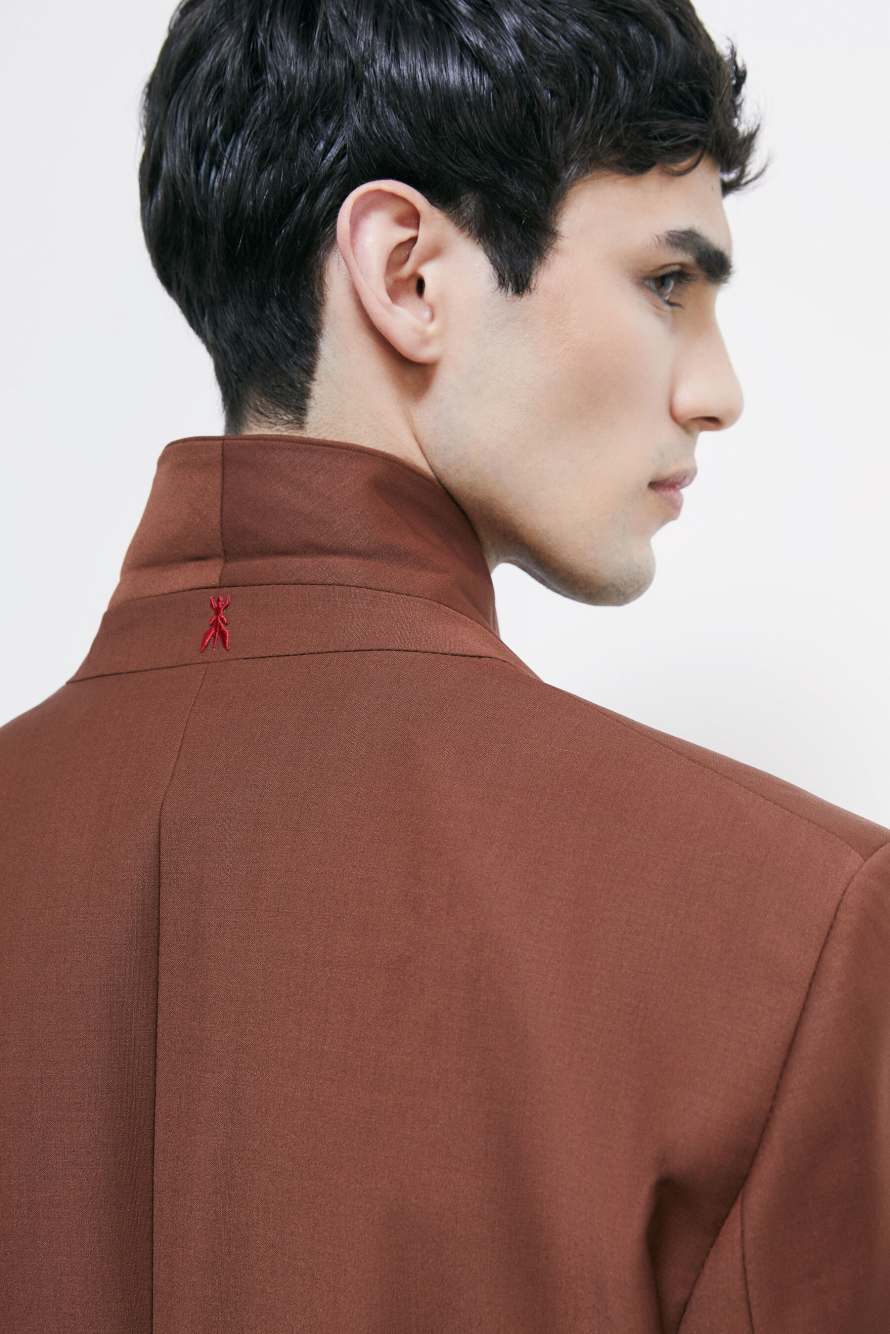 Blazer slim de un solo bot&oacute;n en mezcla ligera de lana el&aacute;stica, Marr&oacute;n