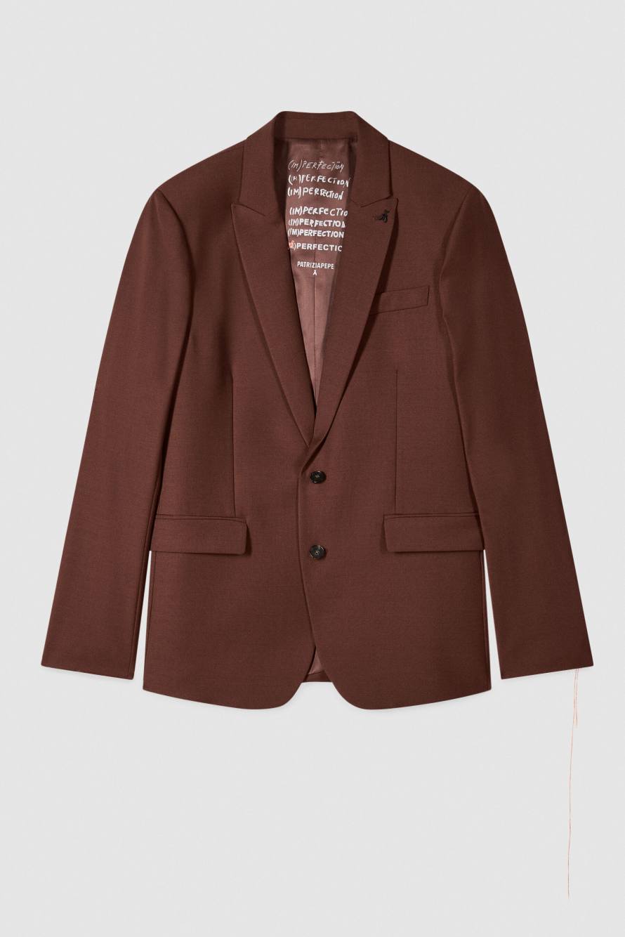 Blazer slim de un solo bot&oacute;n en mezcla ligera de lana el&aacute;stica, Marr&oacute;n