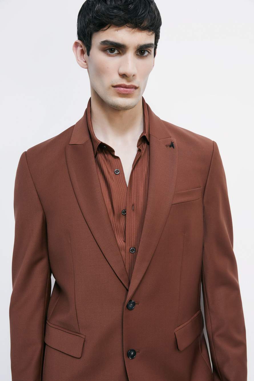 Blazer slim de un solo bot&oacute;n en mezcla ligera de lana el&aacute;stica, Marr&oacute;n