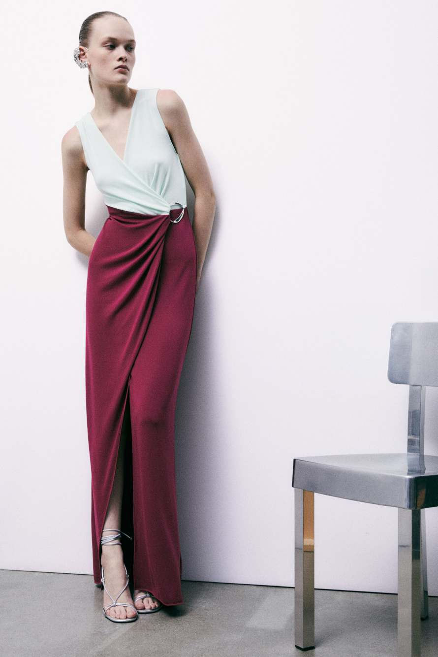 Robe longue de c&eacute;r&eacute;monie color block, Menthe/Bordeaux, Patrizia Pepe