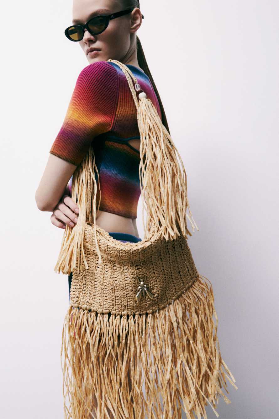 Boho raffia bag with fringes, Beige, Patrizia Pepe