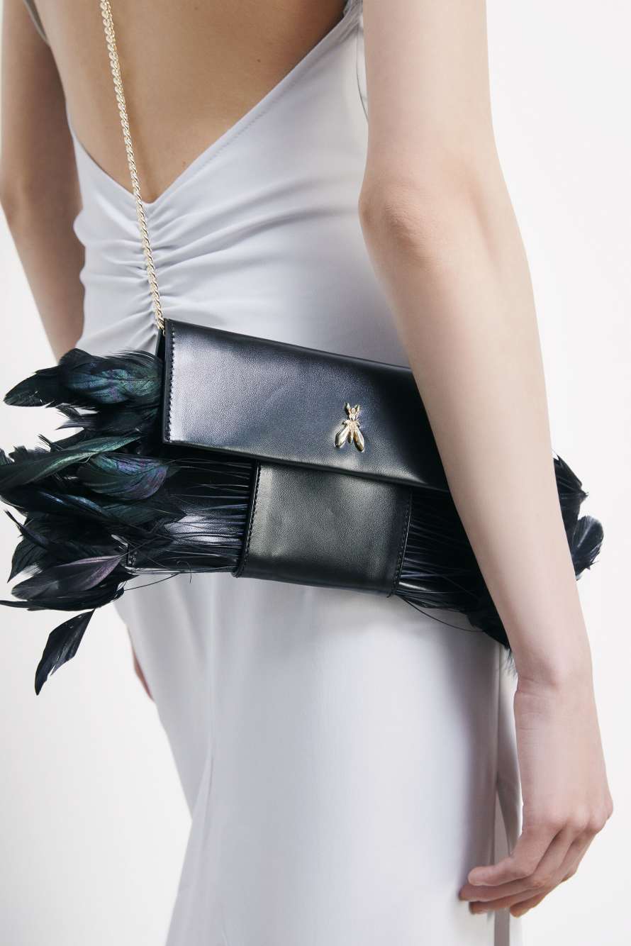 Leather Feather Pochette, Black, Patrizia Pepe