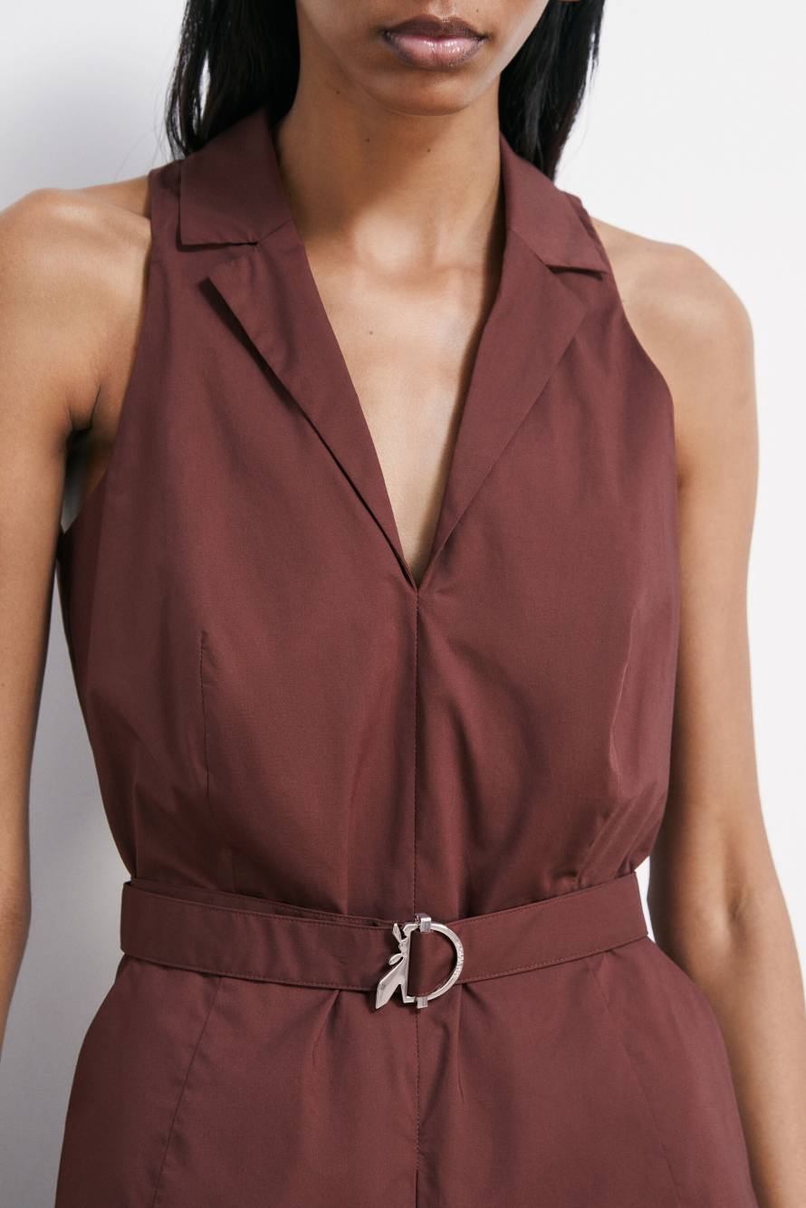 Long poplin dress with slit, Brown, Patrizia Pepe