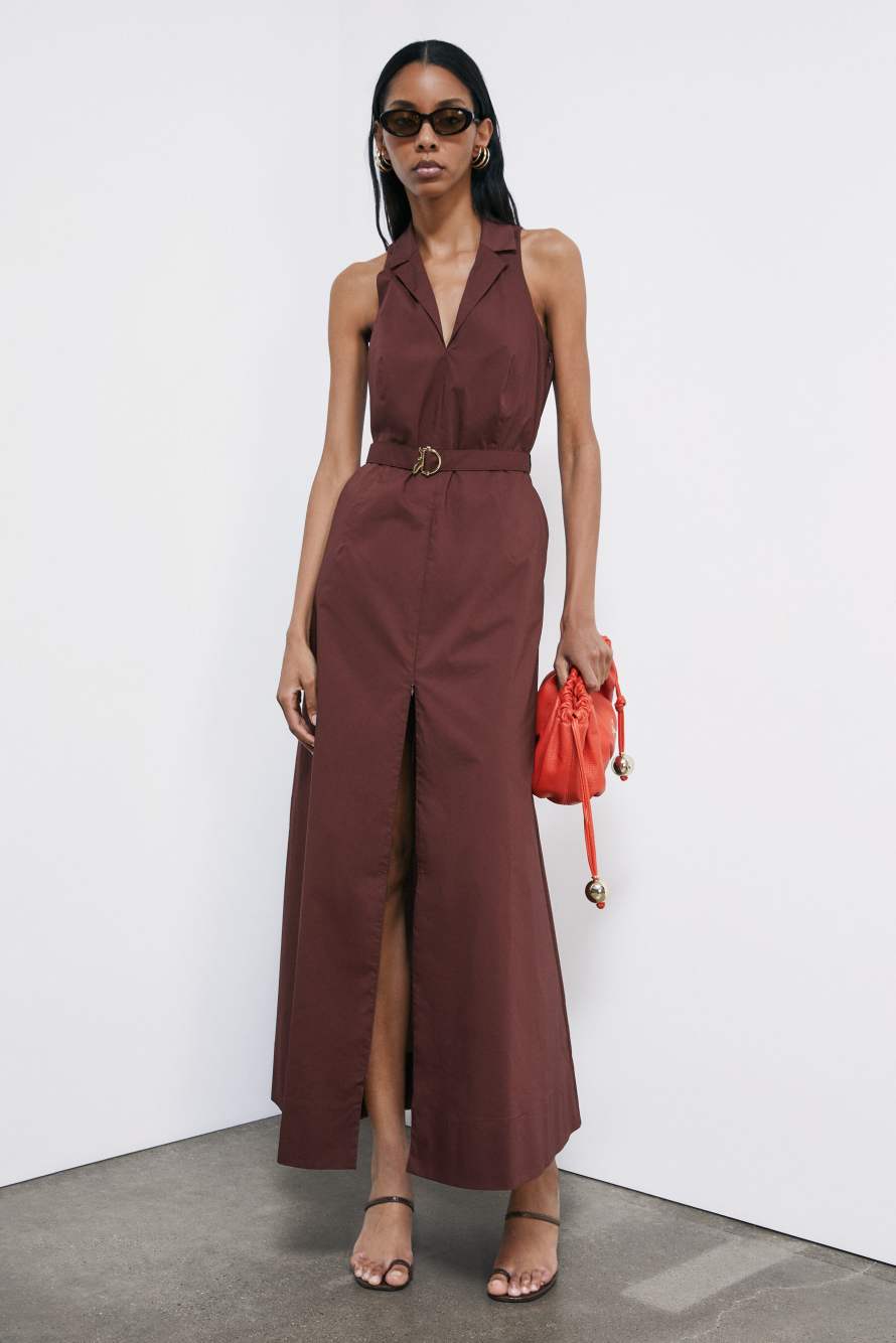 Long poplin dress with slit, Brown, Patrizia Pepe