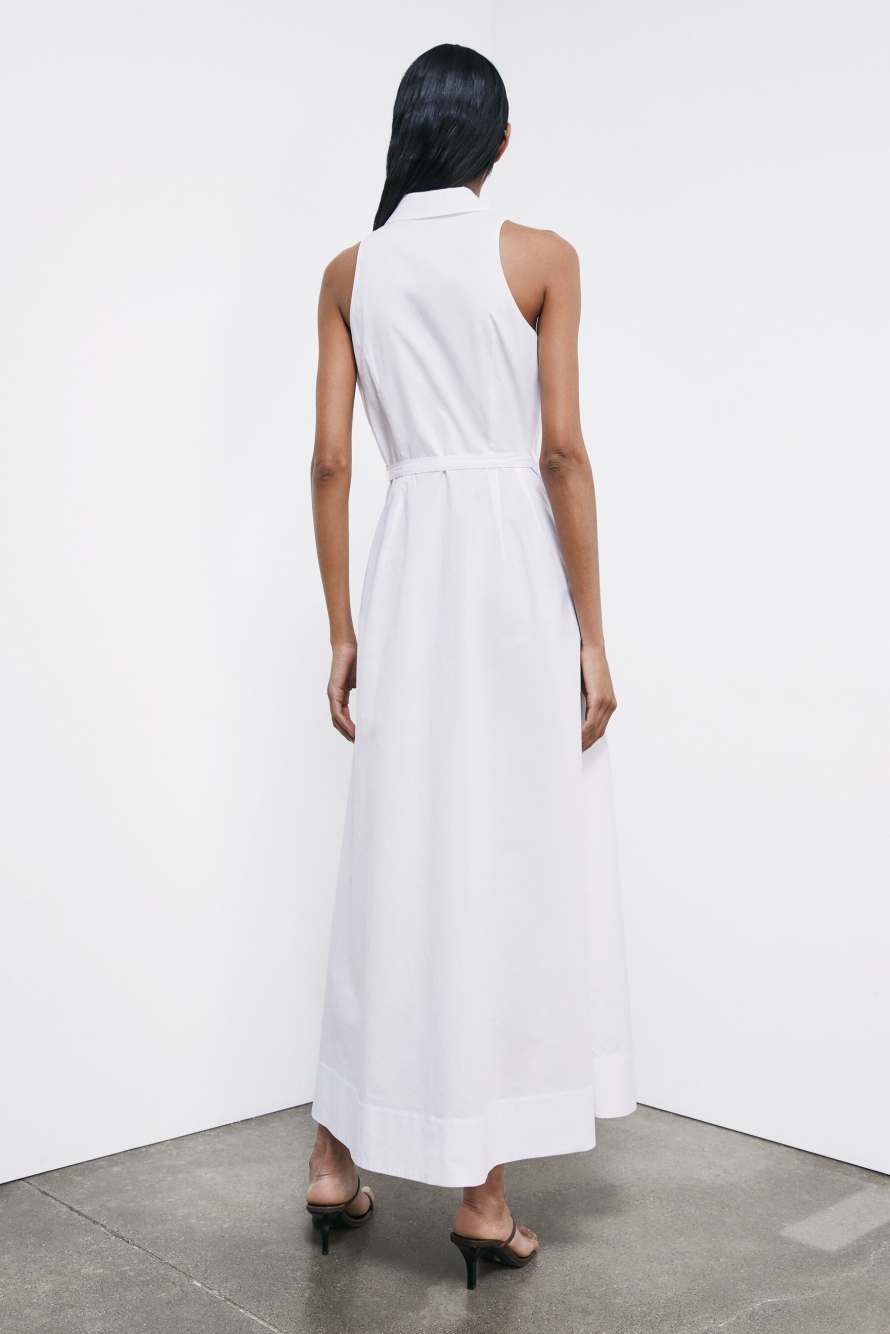 Vestido largo de popelina con abertura, Blanco