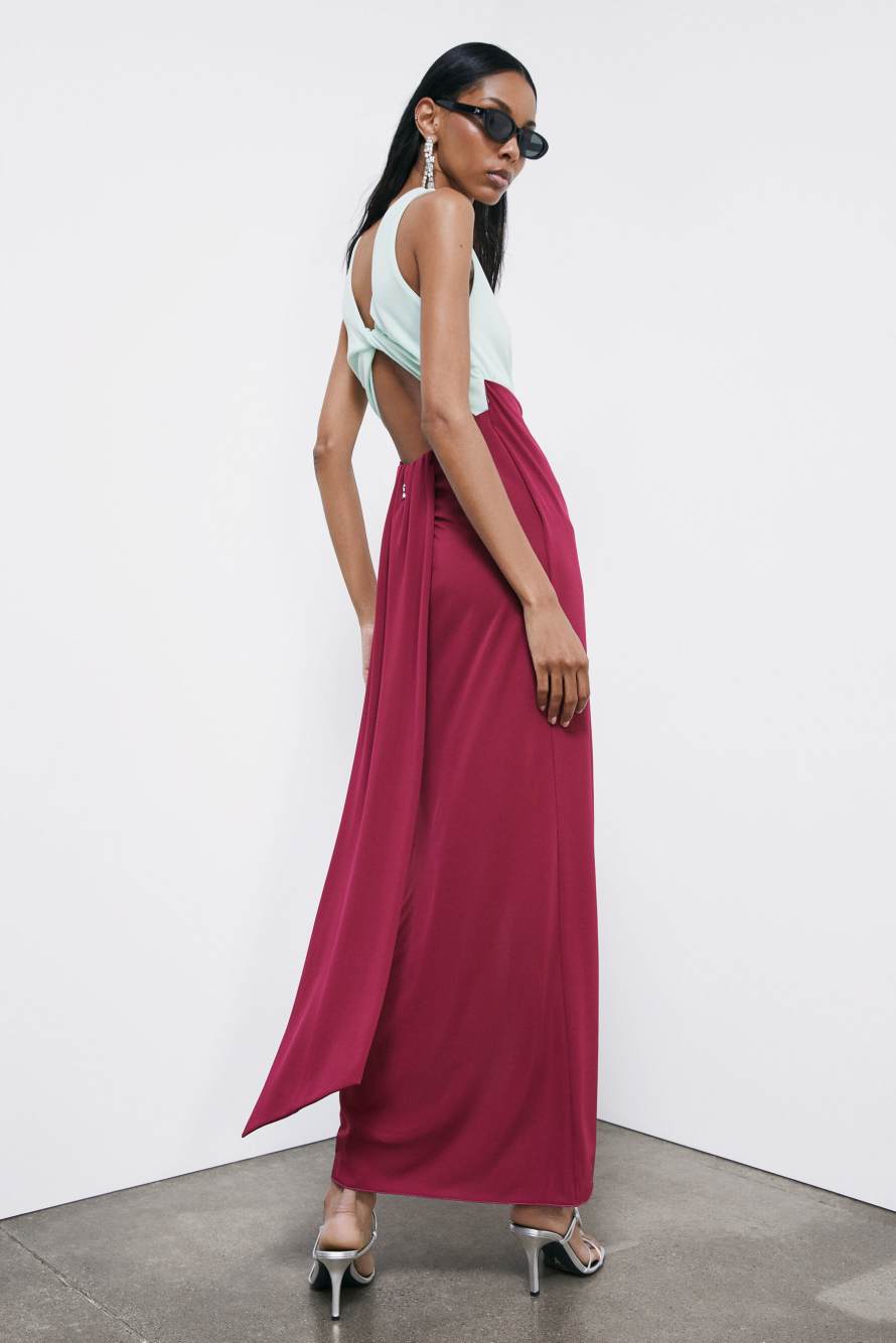 Long color-block ceremony dress, Mint/Burgundy, Patrizia Pepe