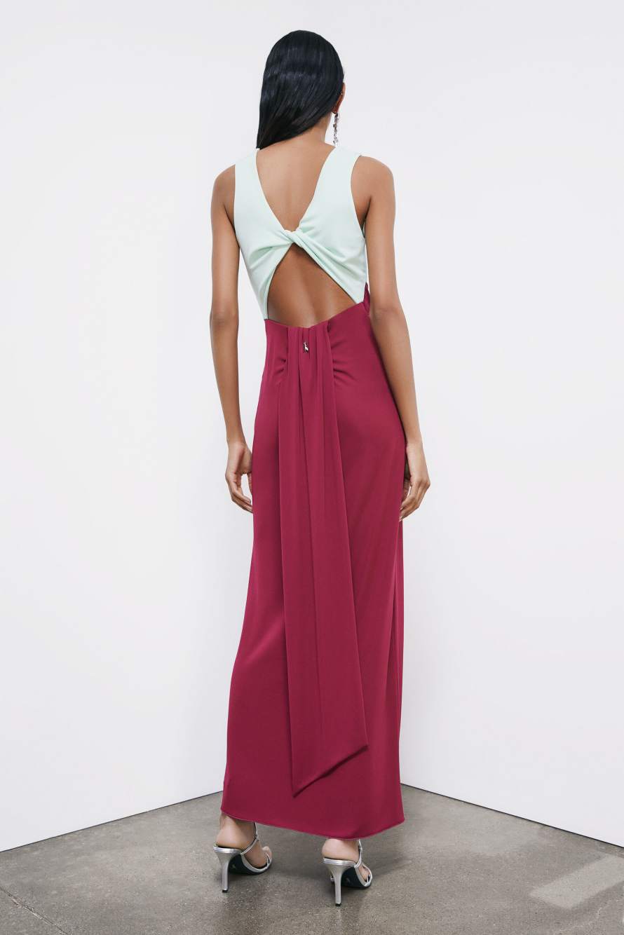 Long color-block ceremony dress, Mint/Burgundy, Patrizia Pepe