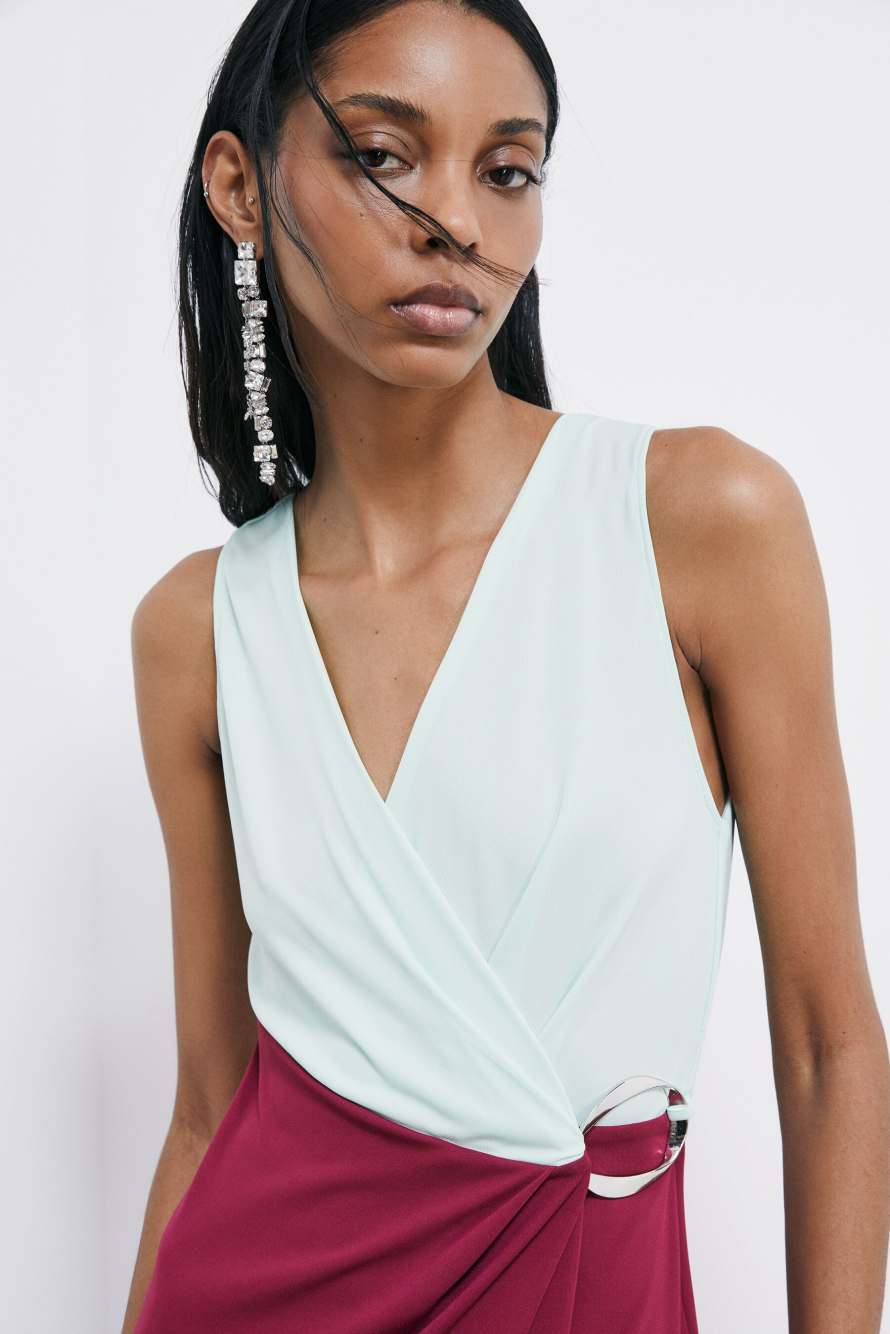 Long color-block ceremony dress, Mint/Burgundy, Patrizia Pepe