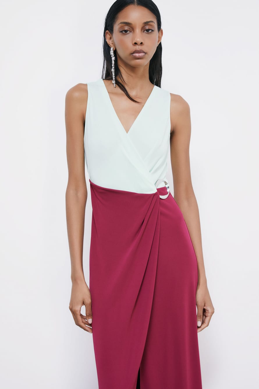 Long color-block ceremony dress, Mint/Burgundy, Patrizia Pepe