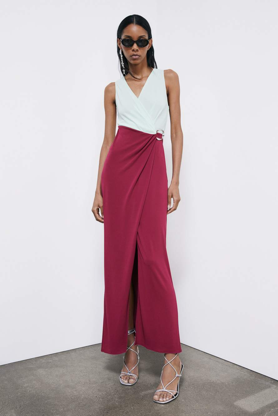 Long color-block ceremony dress, Mint/Burgundy, Patrizia Pepe